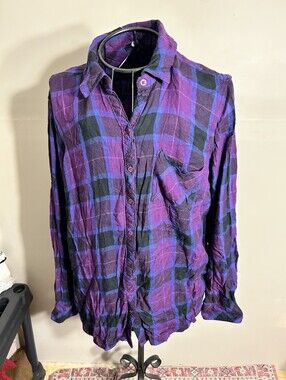 Size 1x womans purple black  gorpcore shirt top blouse plaid flannel button